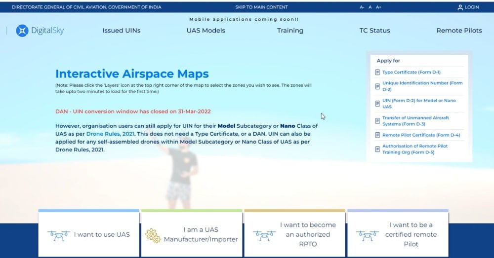 Drone Registration Digital sky homepage